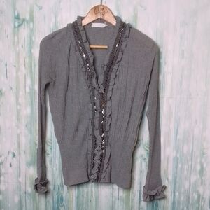 Anne Fortaine Wool Button Down Ruffle Fitted Sweater With Metallic Trim Size 42